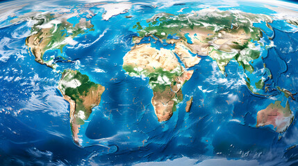 World map, Earth flat view from space. Physical map on global satellite photo - obrazy, fototapety, plakaty