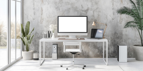 Modern bright private room with work desk and computer white mockup screen