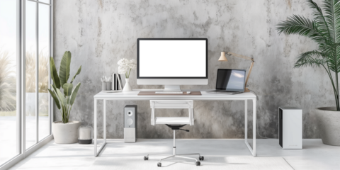 Modern bright private room with work desk and computer white mockup screen