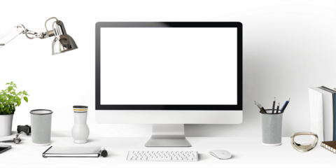Modern bright private room with work desk and computer white mockup screen