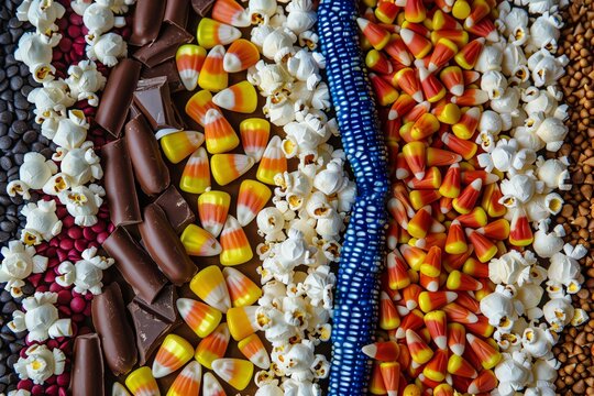 a pattern of colorful candy corn and chocolate, covered in multicolored popcorn, on the floor, with different colors of sweet sorghum and blue corncob as background, top view, photography, detail shot