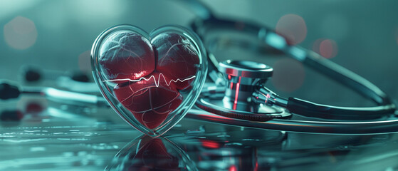 Red heart love shape with a doctor physician's stethoscope in the background.