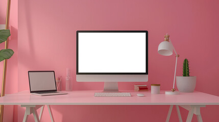Modern bright private room with work desk and computer white mockup screen