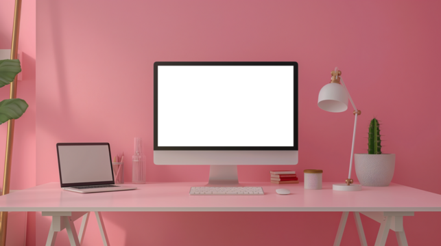 Modern bright private room with work desk and computer white mockup screen