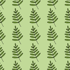 Seamless pattern in wondrous green leaves on green background. Vector image.