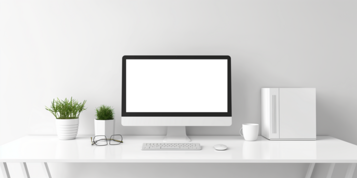 Modern bright private room with work desk and computer white mockup screen