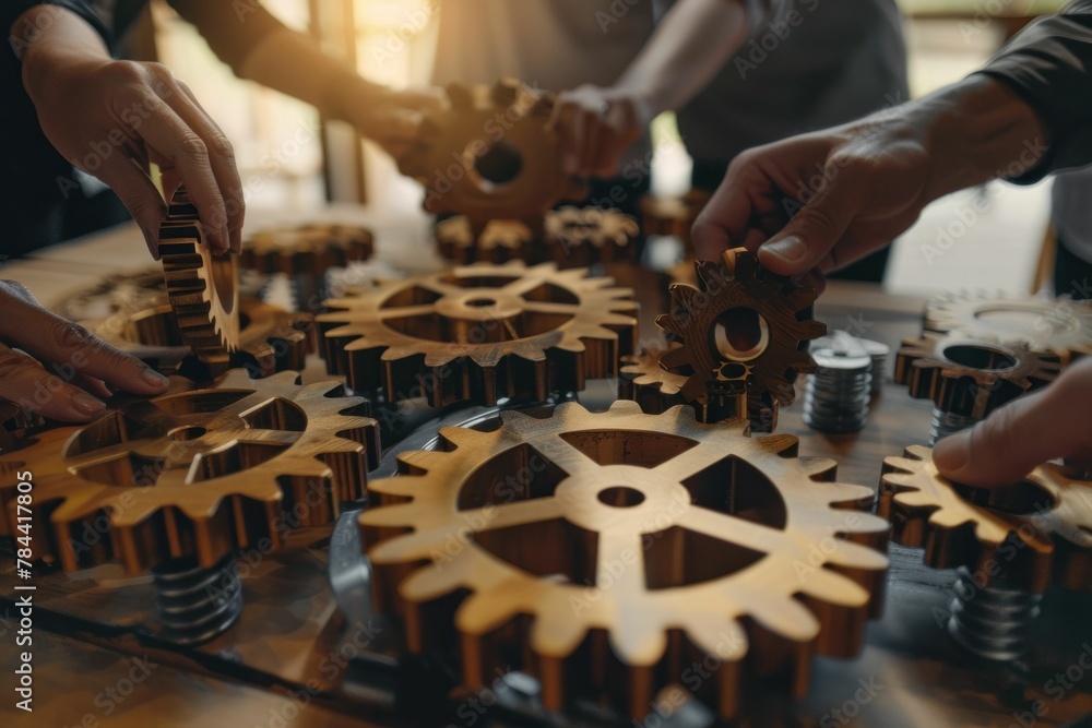 Poster team of people collaborating on a project with wooden table and gears in front of them