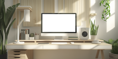 Modern bright private room with work desk and computer white mockup screen