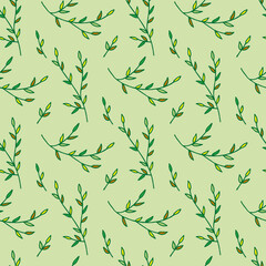 Seamless pattern with green branches on light green background. Vector image.