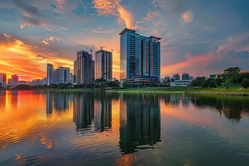 Modern office buildings by Putrajaya Lake, Malaysia at sunset