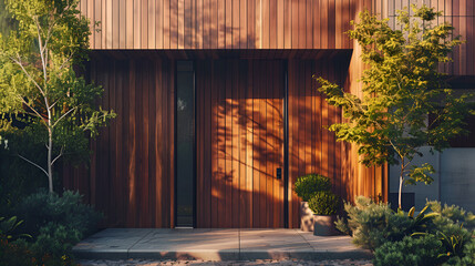 Modern home entrance with a striking wooden door, leather armchair, and ambient lighting nestled among greenery ,Wooden entrance door to modern white house with paving footpath and backside garden