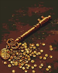 Pixel art depicting an old skeleton key surrounded by gold coins, against a dark brown background, creating a mystic and rich atmosphere, 