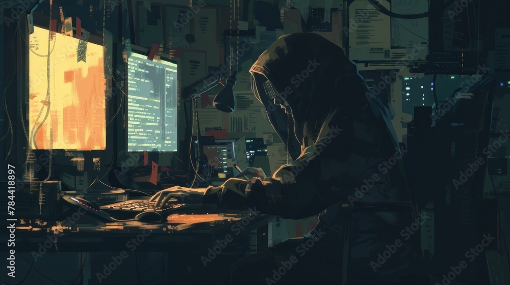 Aufkleber man in hoodie sitting at desk with computer in front of him, working or studying in modern office en