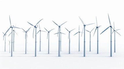 A phone photo capturing a uniform collection of various wind turbines, presented in a 3D perspective, highlighting clean energy solutions,  - obrazy, fototapety, plakaty