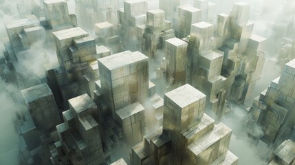 Foggy urban landscape with cubical structures