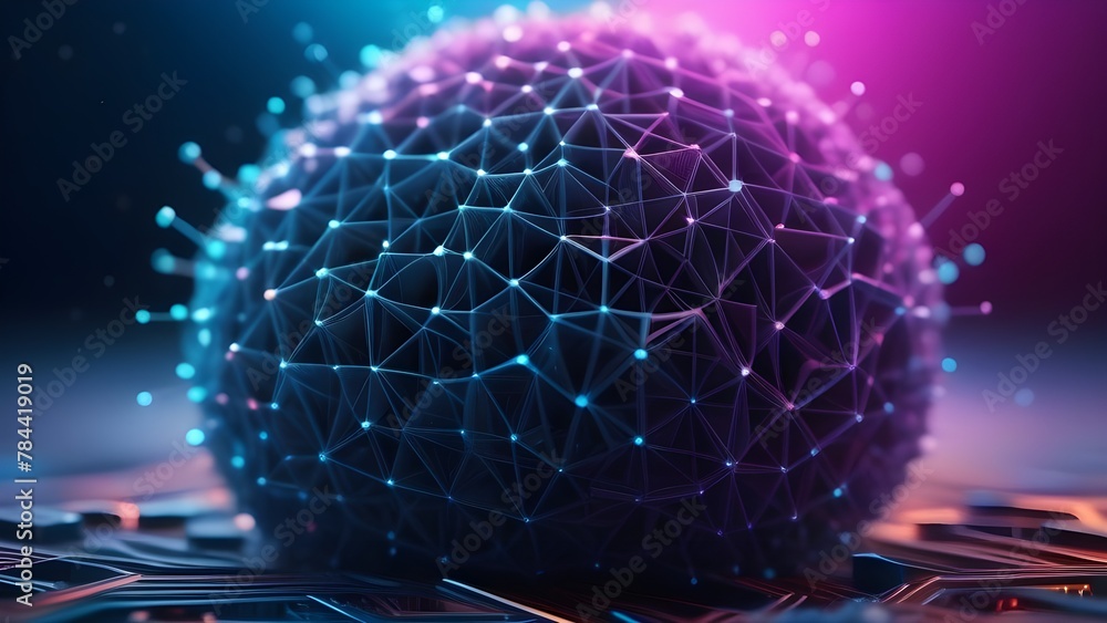 Poster Futuristic digital network structure in blue. Abstract representation of technology, connectivity,