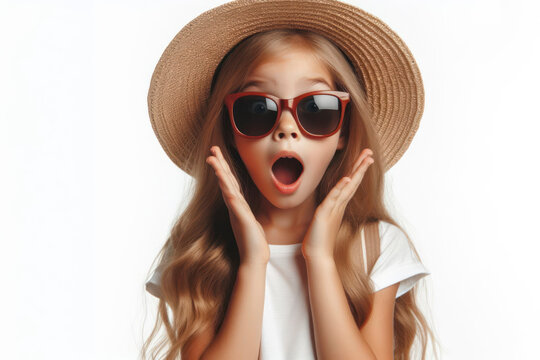 Surprised little Girl in a hat and sunglasses tourist on a white background