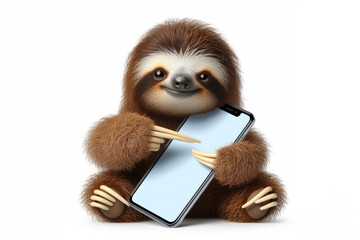Obraz premium funny sloth pointing on smartphone with white screen on white background