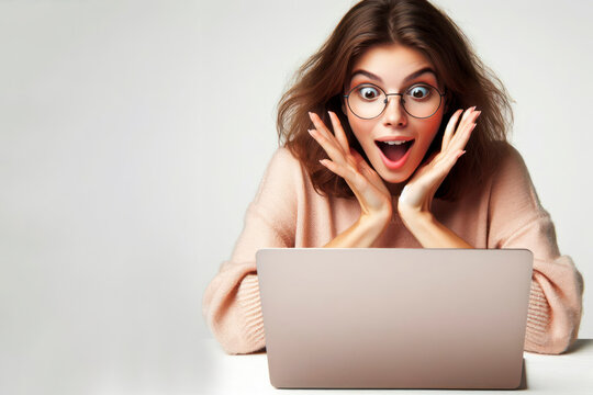 A woman with glasses and a surprised look on her face is looking at a laptop on a white background copy space