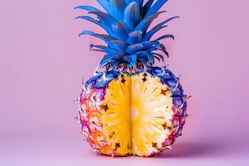 A pineapple with blue leaves is cut in half, the inside of which has yellow rind and pink color background, pink, purple, blue, minimalism, creative photography, advertising poster design style, surre