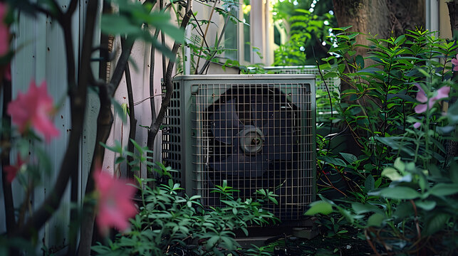 A split AC unit in a residential setting with a protective cage and surrounding nature.