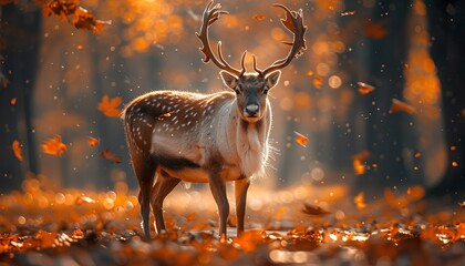 beautiful portrait of a reindeer amidst an idyllic autumn scene, its confident stride accentuated...