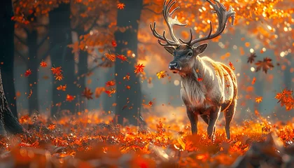 Fotobehang beautiful portrait of a reindeer amidst an idyllic autumn scene, its confident stride accentuated by fallen autumn leaves © Animager