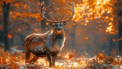 Foto op Aluminium beautiful portrait of a reindeer amidst an idyllic autumn scene, its confident stride accentuated by fallen autumn leaves © Animager