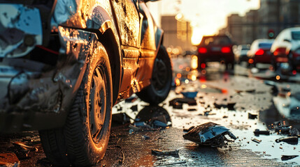 Damaged Cars Parked on Street - obrazy, fototapety, plakaty