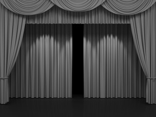 Luxury silk stage or window curtains. Interior design, waiting for show, movie end, revealing new product, premiere, marketing concept. 3D illustration