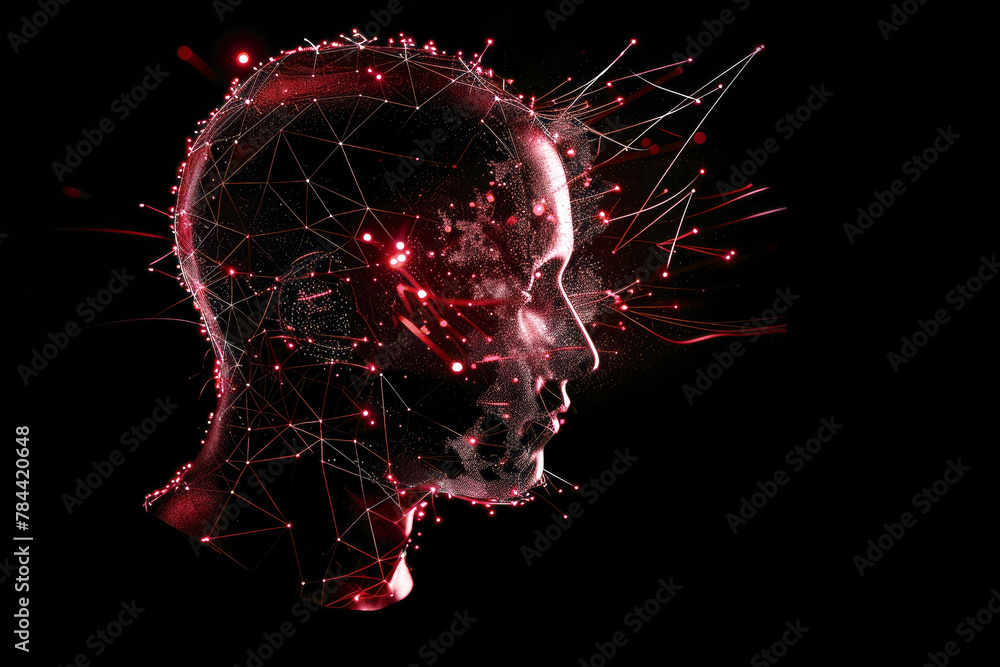 Poster a persons head covered with a complex network of interconnected lines, symbolizing deep thought and 