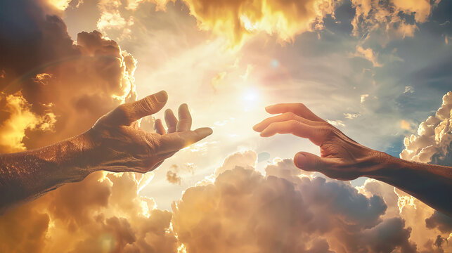 Two hands reaching out towards each other in front of a cloudy sky, symbolizing unity, connection, and hope
