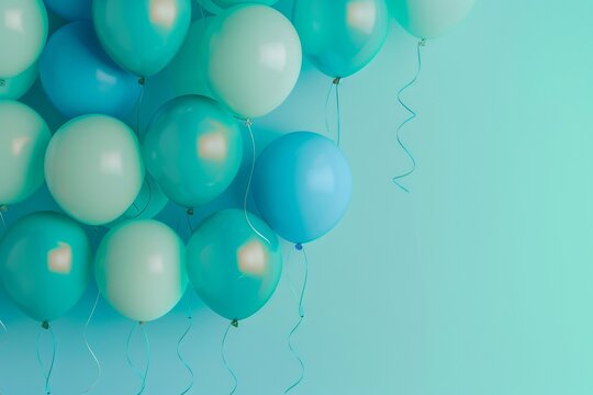 Bunch of balloons in shades of blue and turquoise, against the background of an empty light green wall