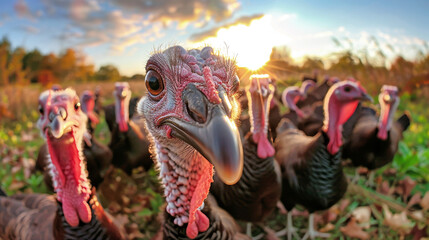 A group of turkeys with colorful feathers stand in a vast field, peacefully grazing and soaking up the warmth of the sun - Powered by Adobe