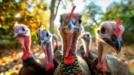 A cohesive group of turkeys standing closely together, displaying their feathers and vibrant plumage - obrazy, fototapety, plakaty