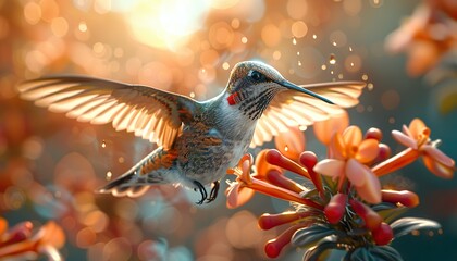 Hummingbird flying to pick up nectar from a beautiful flower.  - obrazy, fototapety, plakaty