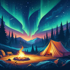 오로라가 보이는 밤 하늘의 캠핑장