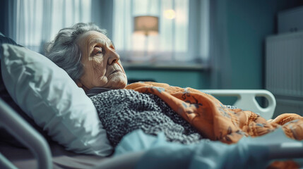 An elderly woman lays peacefully in a hospital bed, covered by a soft blanket
