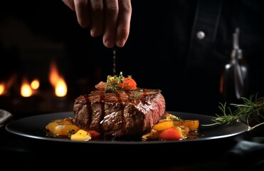 A chef in an apron is plating up steak with sauce at a luxury restaurant with dark moody lighting