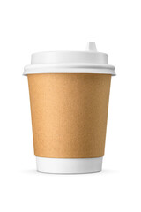 Paper cup with brown sleeve and plastic lid for hot beverages to go isolated. Transparent PNG image.