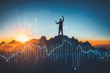 A stock market chart with an upward trend, rising on top of the mountain A man is standing above his head holding up one hand in victory pose Behind him theres the sun and sky, a beautiful sunrise, wi - obrazy, fototapety, plakaty