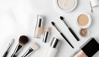 set of cosmetics on a white table on a white background top view