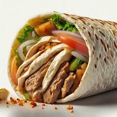 Realistic illustration of doner kebab with fried meat and vegetables with sauce ; Close up of shawarma on white background
