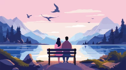  Happy couple sitting on bridge together flat vector © iclute