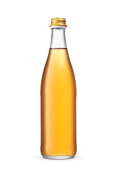 Blank yellow soda in glass bottle with golden screw cap isolated. Transparent PNG image.