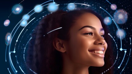 Smiling woman with astrological background