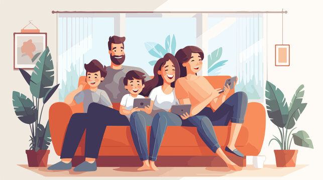 Happy family sitting on sofa over isolated background