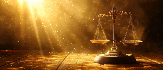 Symbol of justice: golden scale on wooden base illuminated by spotlight, concept banners for lawyers and court
