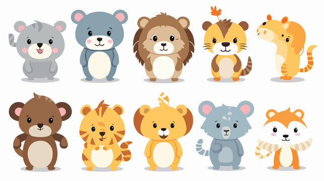 Happy funny cartoon animals set. Cute lion elephant