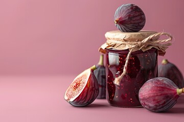 Close shot of a jar of fig fruit jam decorated with figs around of it with a big space for text or product advertisement, Generative AI. - obrazy, fototapety, plakaty